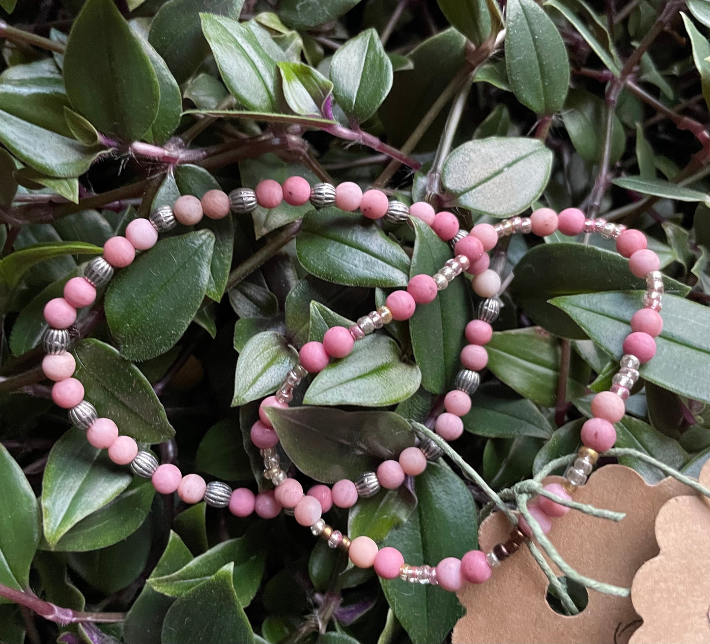 Beaded Round Pink Rhodonite Crystal Bracelet