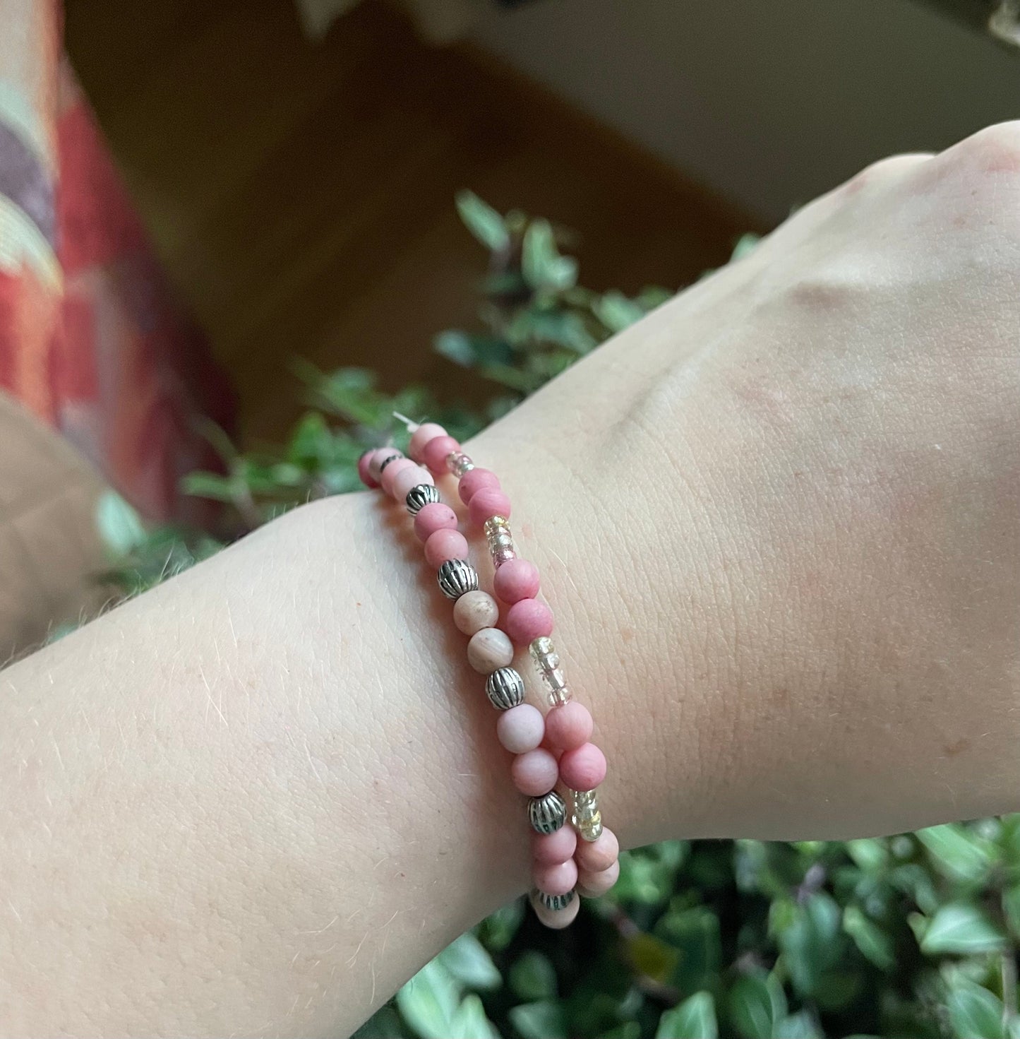 Beaded Round Pink Rhodonite Crystal Bracelet